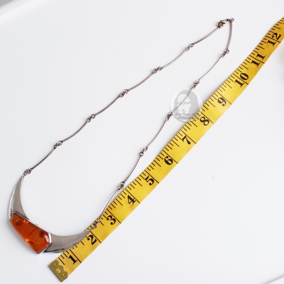 Vintage Necklace with Amber Pendant Abstract Artisan Silver Metal 90s Statement - Picture 4 of 8